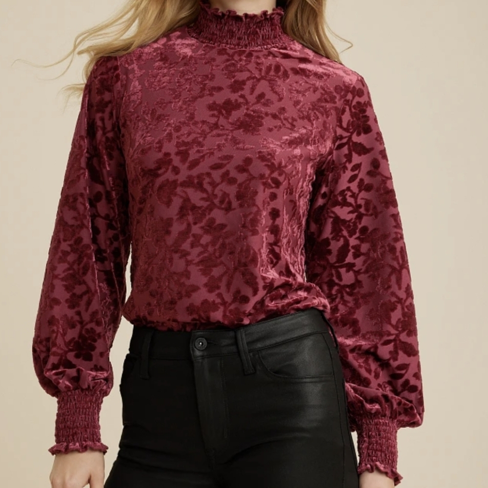 NWT Maurice's Floral Velvet Maroon Blouse